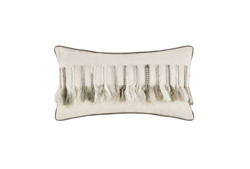 14X26 Ivory + Taupe Stitch Fringe Lumbar Throw Pillow - 360