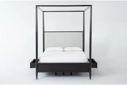 Austen Black Queen Wood & Upholstered Canopy Bed With Side & Footboard  Storage