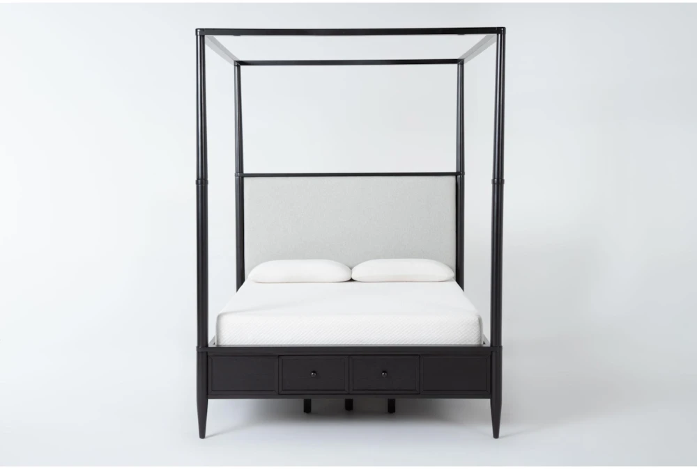 Austen Black Queen Wood & Upholstered Canopy Bed With Side & Footboard Storage