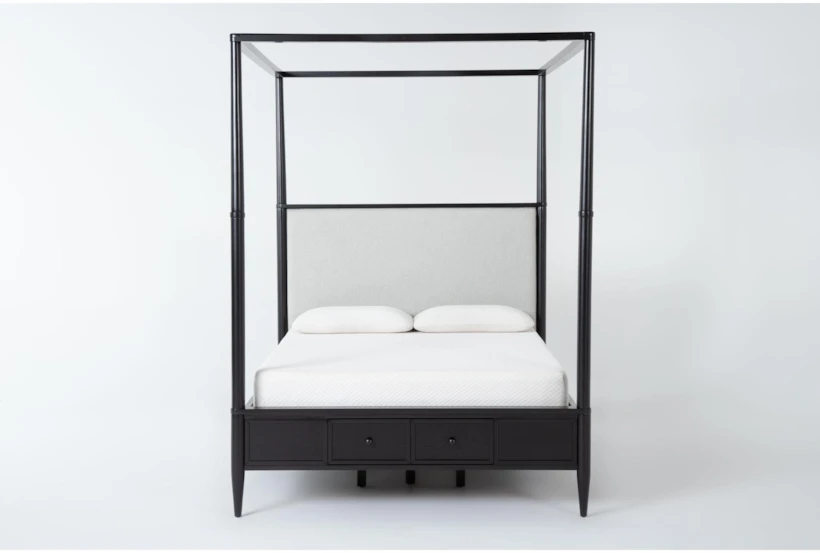 Austen Black Queen Wood & Upholstered Canopy Bed With Side & Footboard Storage - 360