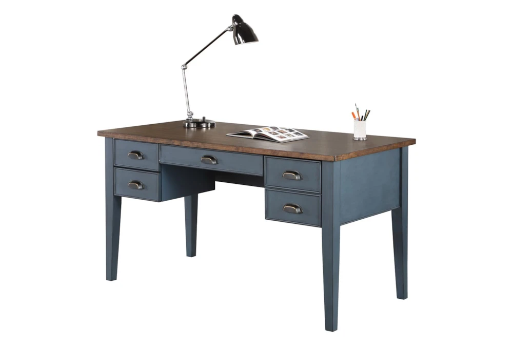 Farmhouse Wood Blue 55" Executive Desk With Drawers + Power