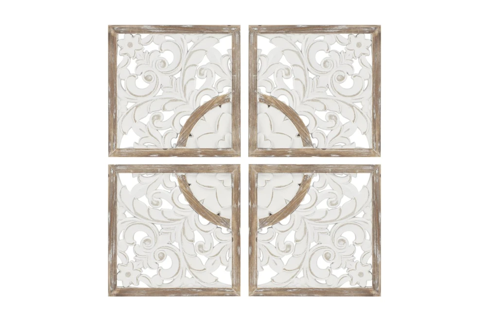 15X15 Natural + White Two-Tone Wood Medallion Carved Wall Decor Panels Set Of 4