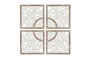 15X15 Natural + White Two-Tone Wood Medallion Carved Wall Decor Panels Set Of 4