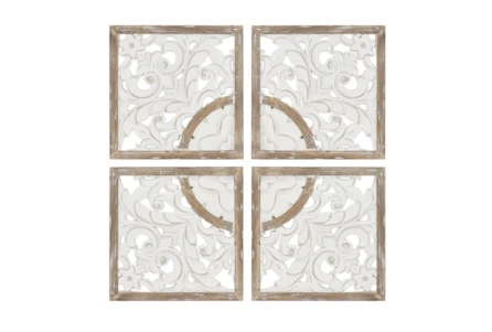 15X15 Natural + White Two-Tone Wood Medallion Carved Wall Decor Panels Set Of 4 - Main