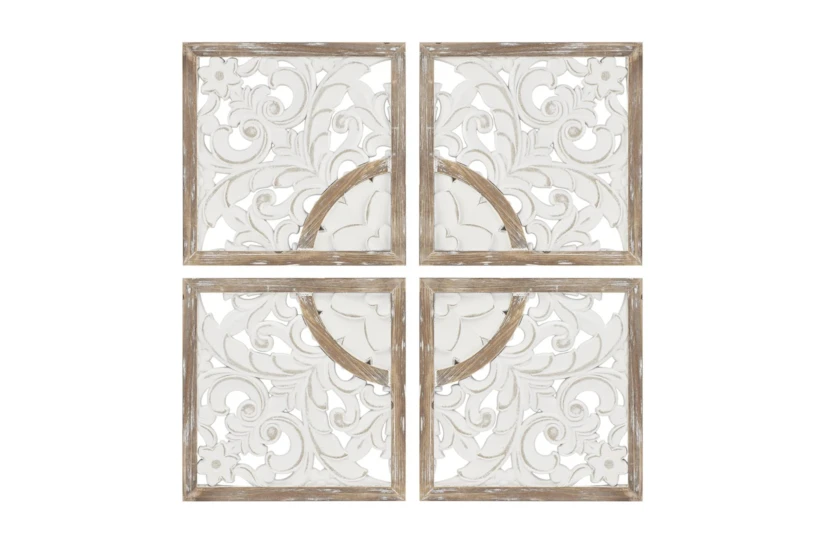 15X15 Natural + White Two-Tone Wood Medallion Carved Wall Decor Panels Set Of 4 - 360
