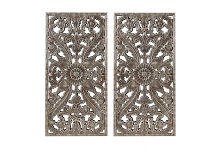 16X32 Brown Distressed Wood Botanical Carved Dimensional Wall Panel Set Of 2 - Main