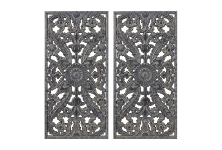16X32 Antique Blue Distressed Wood Botanical Carved Dimensional Wall Panel Set Of 2 - Main