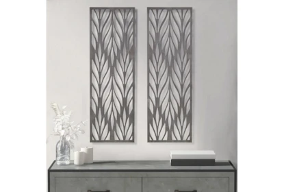 12X36 Reclaimed Grey Wood Geo Leaf Carved Wall Decor Panels Set Of 2 - Room