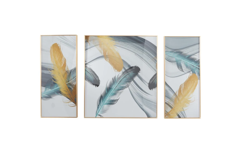 32X36 Blue + Gold Feathers With Gold Frame Set Of 3
