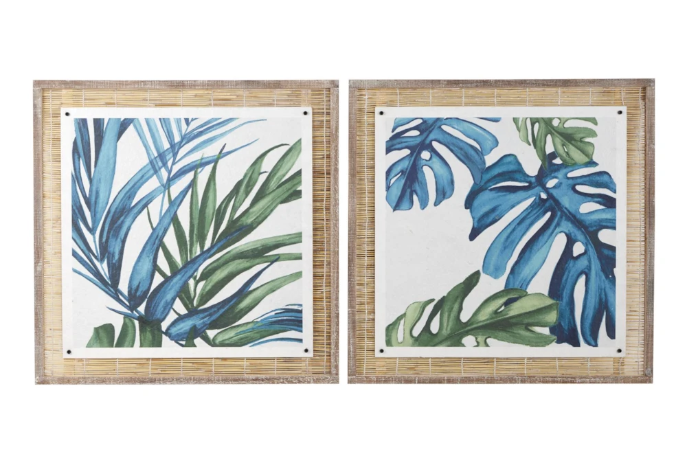 29X29 Blue Dried Plant Leaves With Brown Frame Set Of 2