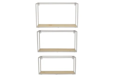 10X17 White Metal + Wood Rectangular Wall Shelves Set Of 3