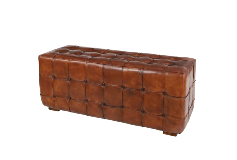 48" Brown Leather & Teak Wood Bench - 360