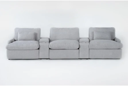 Jolene Silver Grey 150" 5 Piece Power Reclining Mod Theater Sectional with 3 Power Recliner & 2 Console