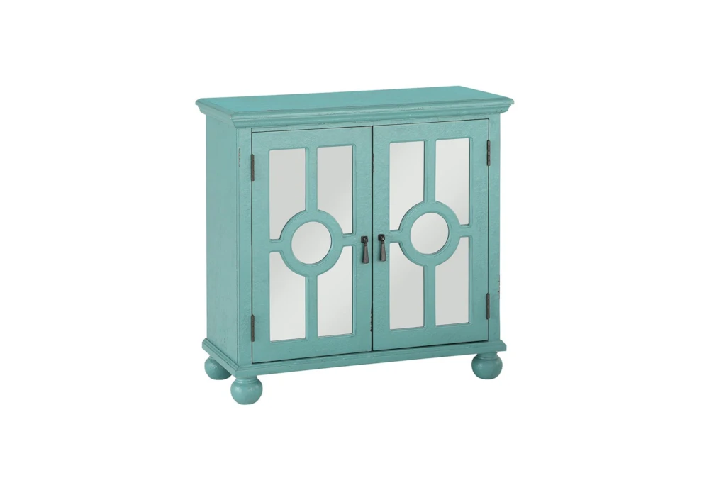 28" Antique Aqua Wood Accent Chest With Glass + Wood Doors