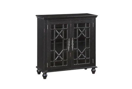 34" Antique Black Wood Accent Cabinet With Glass + Wood Doors