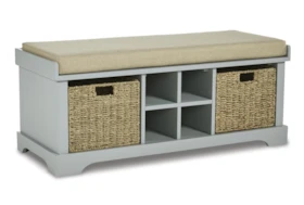 42" Gray Engineered Wood + Fabric Seating Storage Bench With Two Woven Baskets