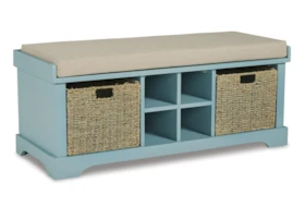 42" Teal Engineered Wood + Fabric Seating Storage Bench With Two Woven Baskets