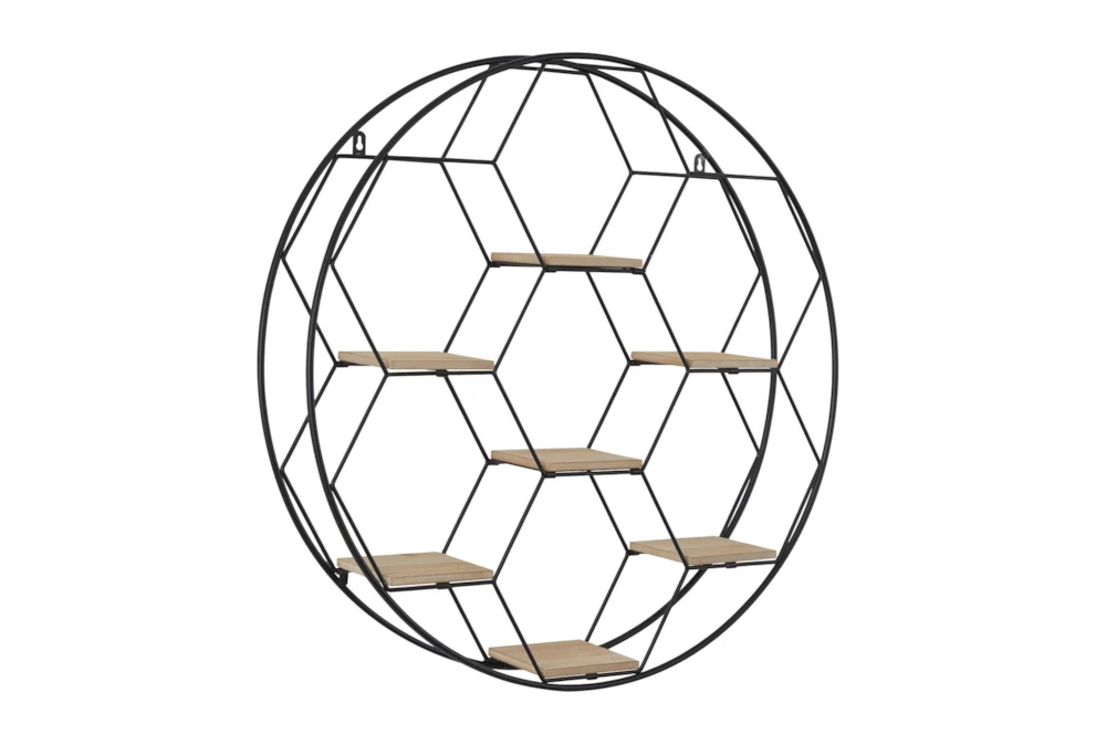 28X28 Black Metal + Wood Hexagon Shelves In Circle Frame Wall Shelf
