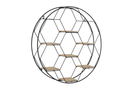 28X28 Black Metal + Wood Hexagon Shelves In Circle Frame Wall Shelf - Main
