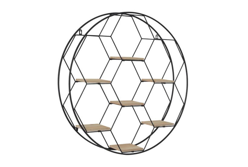 28X28 Black Metal + Wood Hexagon Shelves In Circle Frame Wall Shelf - 360