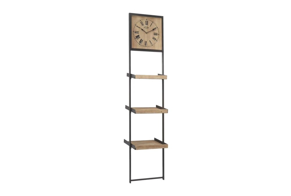 16X72 Brown Wood + Black Metal 3 Tier Leaning Wall Shelf With Clock