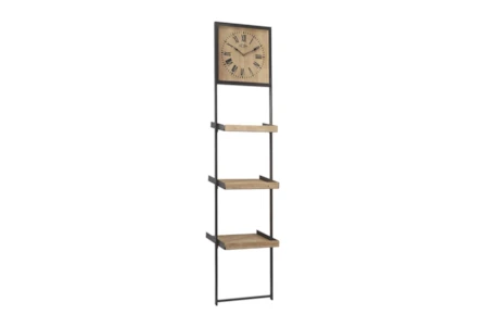 16X72 Brown Wood + Black Metal 3 Tier Leaning Wall Shelf With Clock - Main