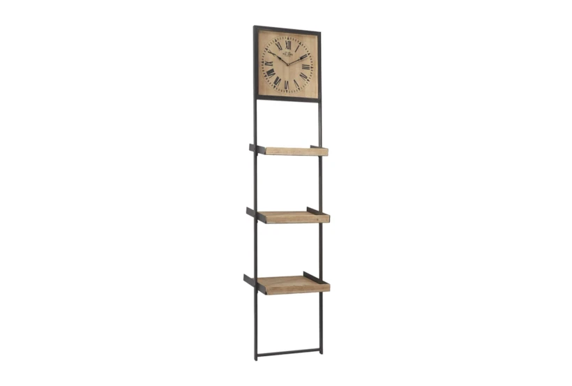 16X72 Brown Wood + Black Metal 3 Tier Leaning Wall Shelf With Clock - 360