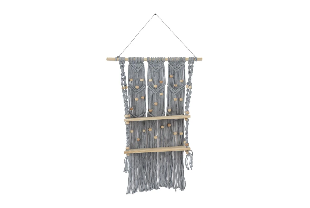 25X47 Gray Cotton Macrame + Wood Bead Bohemian Hanging 2 Tier Wall Shelf