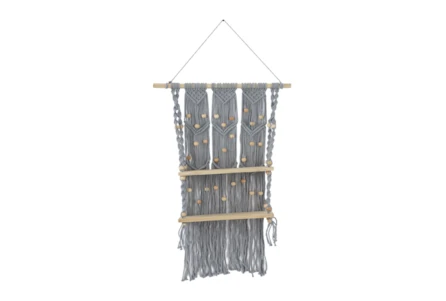 25X47 Gray Cotton Macrame + Wood Bead Bohemian Hanging 2 Tier Wall Shelf - Main