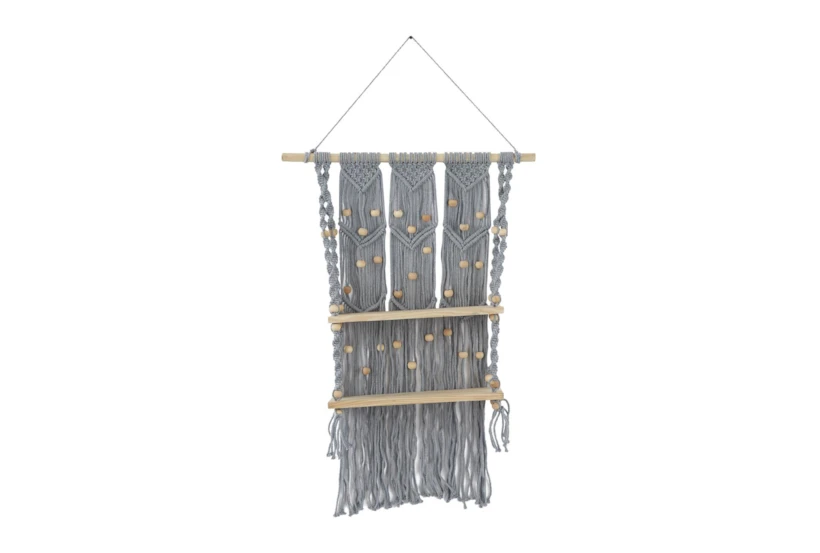 25X47 Gray Cotton Macrame + Wood Bead Bohemian Hanging 2 Tier Wall Shelf - 360