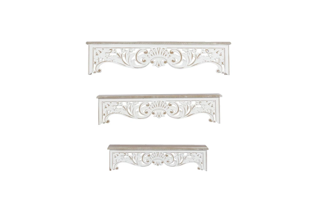 28X6 White Washed Wood Floral Carved Wall Shelves Set Of 3
