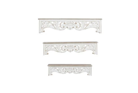 28X6 White Washed Wood Floral Carved Wall Shelves Set Of 3 - Main