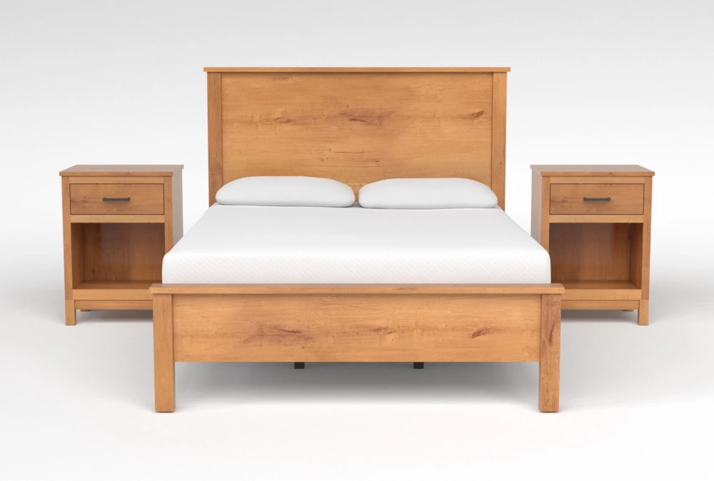 Reagan Toffee II King Wood 3 Piece Bedroom Set With 2 1-Drawer Nighstand