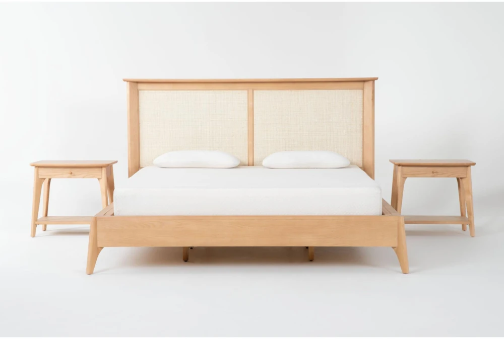 Mariko Queen Wood & Cane Platform 3 Piece Bedroom Set With 2 1-Drawer Nighstands