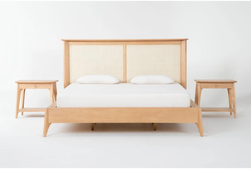 Mariko Queen Wood & Cane Platform 3 Piece Bedroom Set With 2 1-Drawer Nighstands - 360