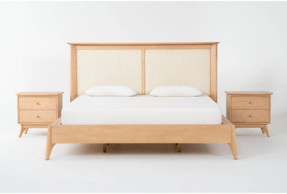 Mariko Queen Wood & Cane Platform 3 Piece Bedroom Set With 2 2-Drawer Nighstands
