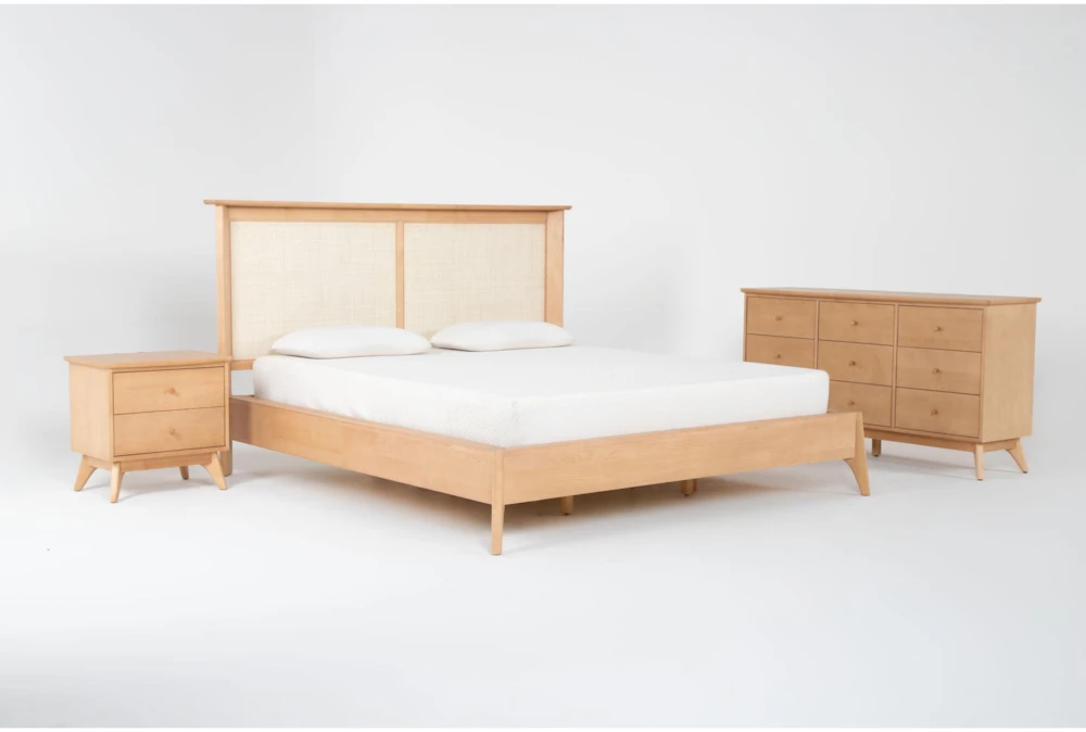 Mariko Queen Wood & Cane Platform 3 Piece Bedroom Set With Dresser & 2-Drawer Nightstand