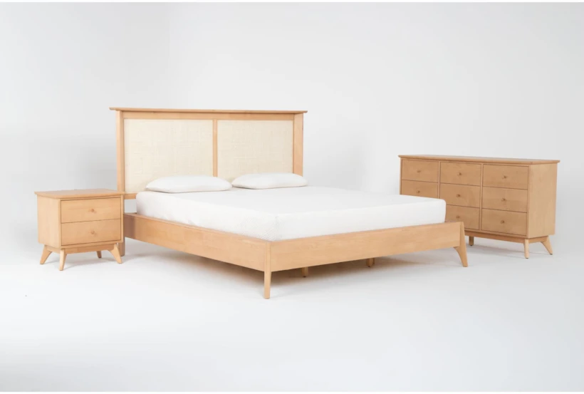 Mariko Queen Wood & Cane Platform 3 Piece Bedroom Set With Dresser & 2-Drawer Nightstand - 360