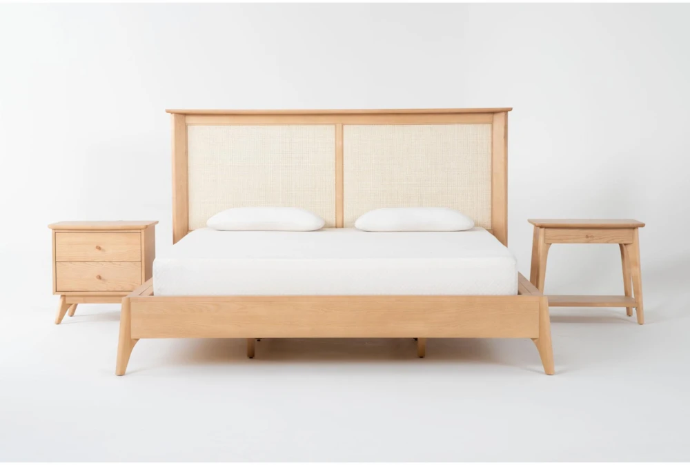 Mariko California King Wood & Cane Platform 3 Piece Bedroom Set With 1-Drawer & 2-Drawer Nighstands