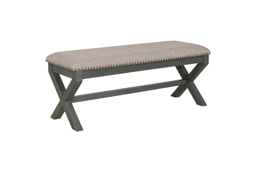 Antique Grey 48" Bench With Crossbuck Frame + Upholstered Seating With Nailhead Trim - 360