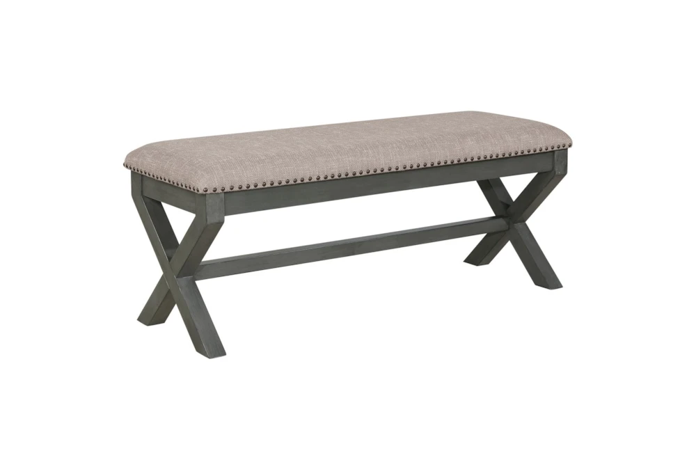 Antique Grey 48" Bench With Crossbuck Frame + Upholstered Seating With Nailhead Trim