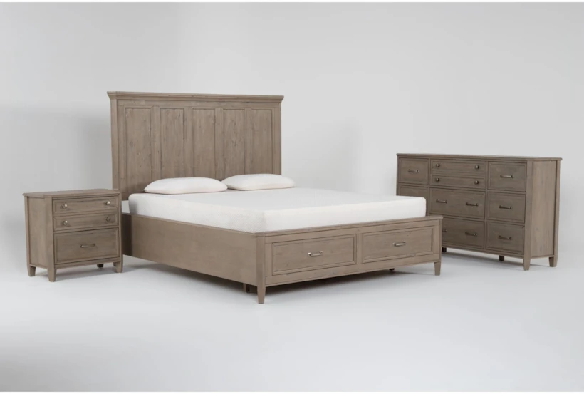 Cambria Grey Wood 3 Piece King Storage Bedroom Set With Dresser & Nightstand - 360