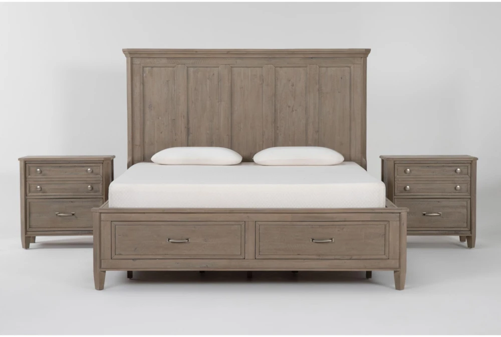 Cambria Grey Wood 3 Piece Queen Storage Bedroom Set With 2 Nightstands