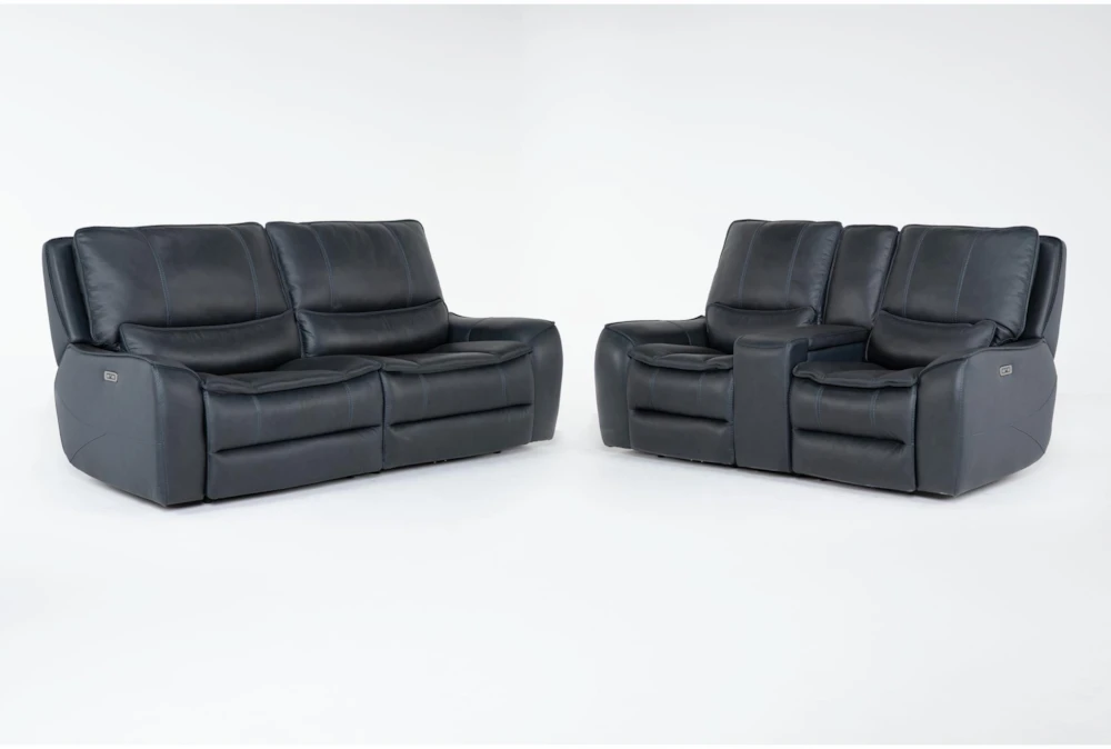 Montana Blue Leather 2 Piece Zero Gravity Reclining Sofa & Loveseat Set