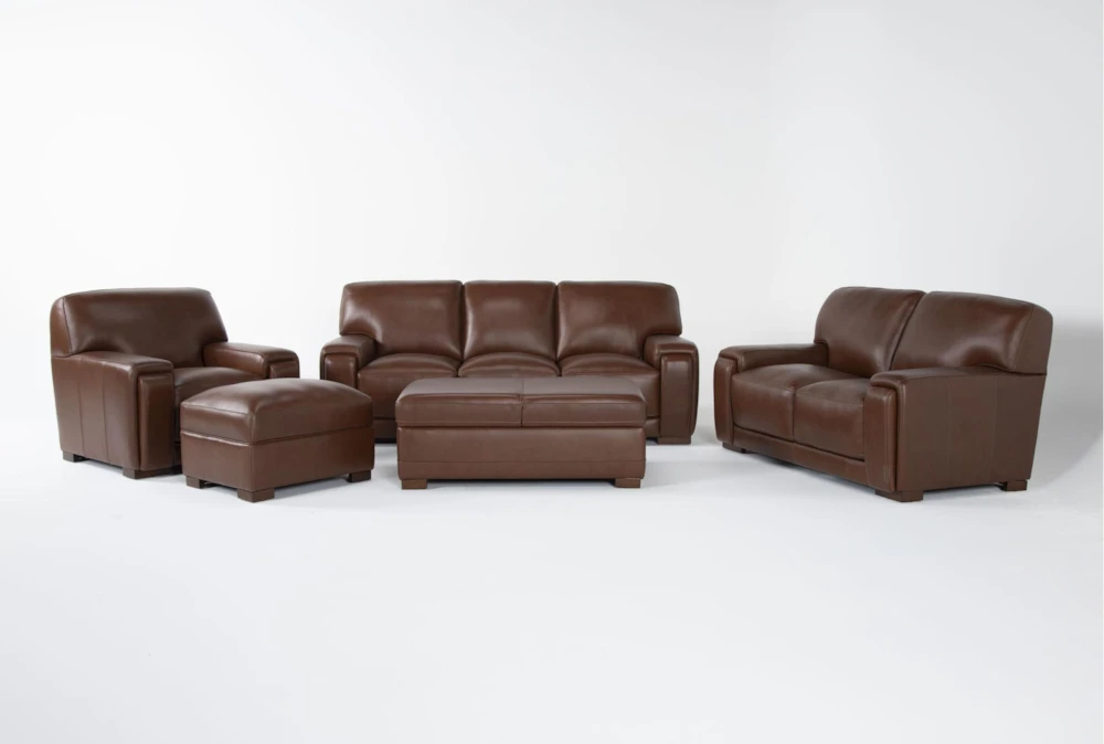 Bisbee Chestnut Leather 4 Piece Living Room Set &  Storage Cocktail Ottoman