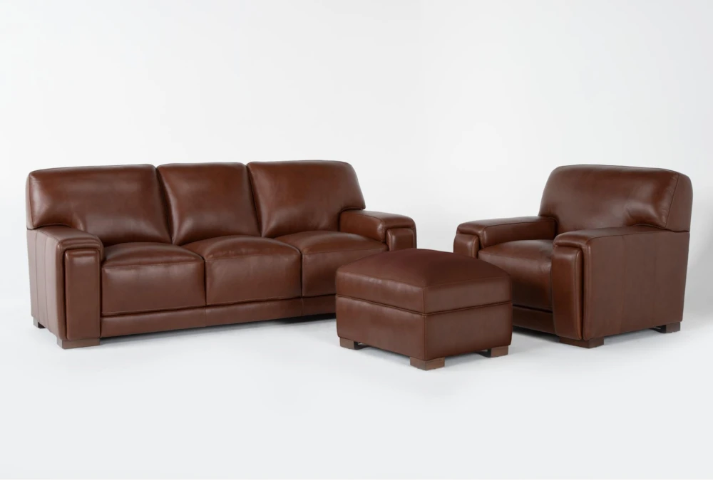 Bisbee Chestnut Leather 3 Piece Sofa, Chair & Ottoman Set