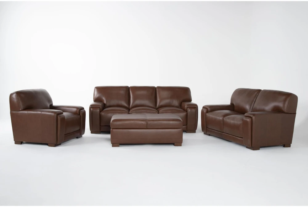 Bisbee Chestnut Leather 3 Piece Sofa, Loveseat, Chair Set & Storage Cocktail Ottoman