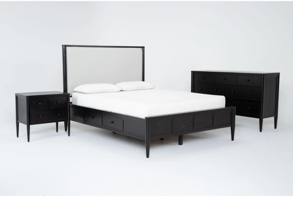 Austen Black King Side Storage Wood & Upholstered Panel 3 Piece Bedroom Set With 7-Drawer Dresser & 3-Drawer Nightstand