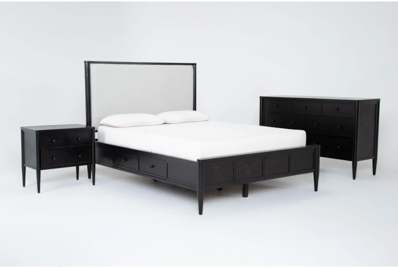 Austen Black King Side Storage Wood & Upholstered Panel 3 Piece Bedroom Set With 7-Drawer Dresser & 3-Drawer Nightstand - 360