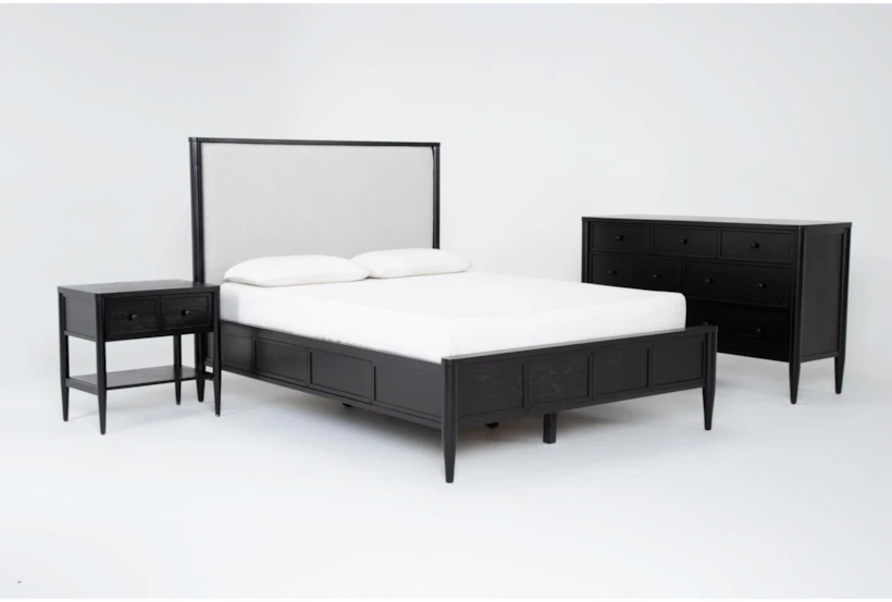 Austen Black King Wood & Upholstered Panel 3 Piece Bedroom Set With 7-Drawer Dresser & 1-Drawer Nightstand - 360